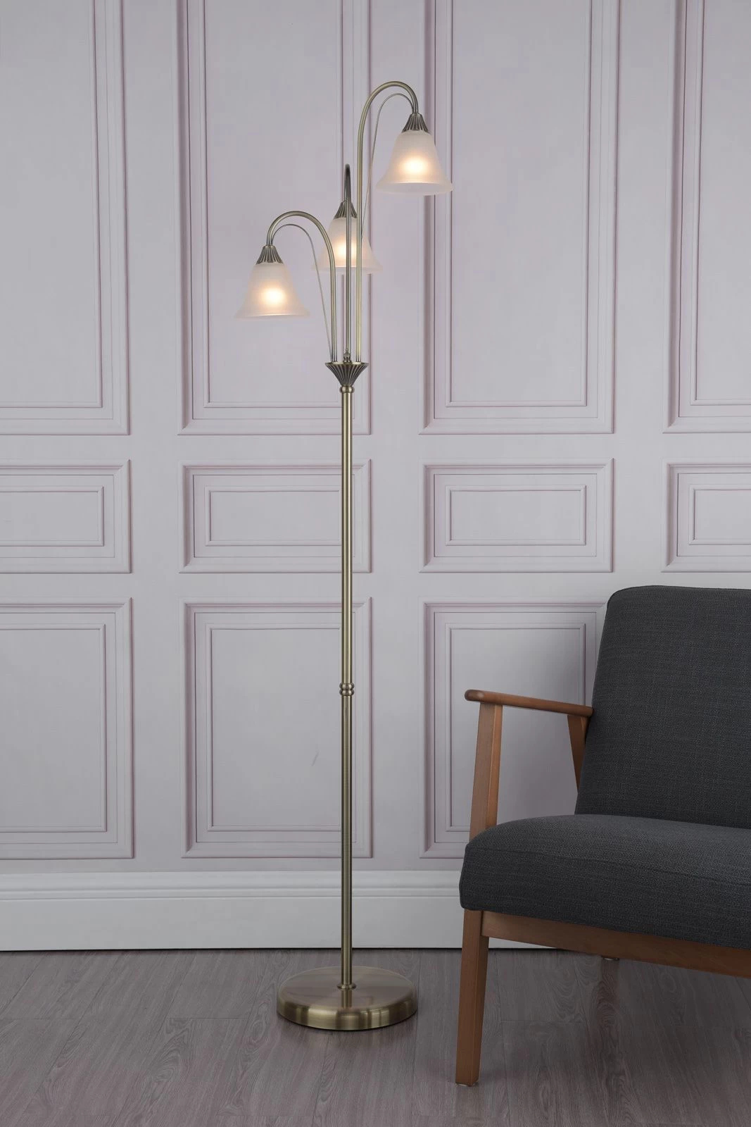 Boston 3 Light Floor Lamp Antique Brass Opaque Glass - Image 4