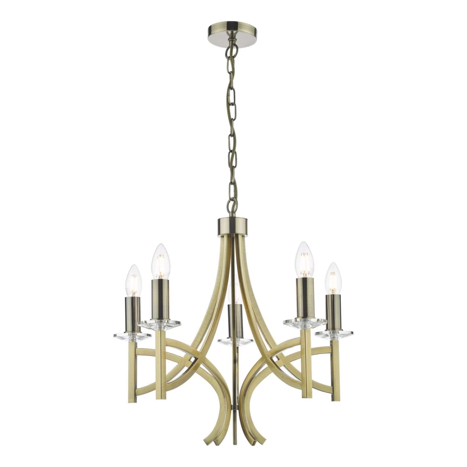 Lyon 5 Light Armed Fitting Antique Brass Crystal
