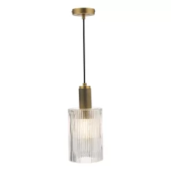 Nikolas Pendant Natural Solid Brass Ribbed Cylinder Glass
